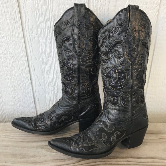 Corral Black Sequins Womens Goat Leather Cowboy Western Boots 6.5 M A1070 - Picture 2 of 13